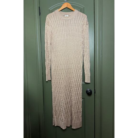 NWT Tuckernuck	Gold Cable Knit Midi Shimmer Metallic Long Sleeve Cozy Dress XL - Picture 3 of 8